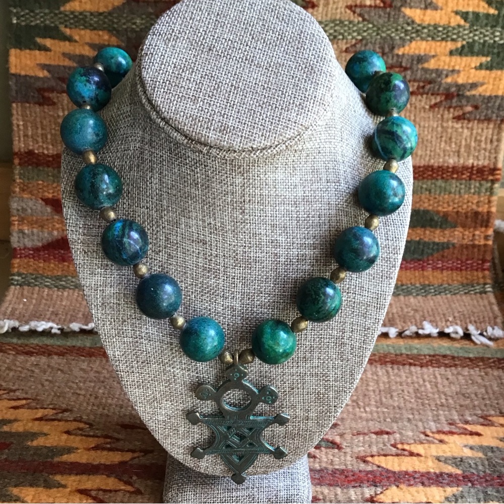 Beautiful Azurite bead 18” necklace w/Coptic Cross pendant